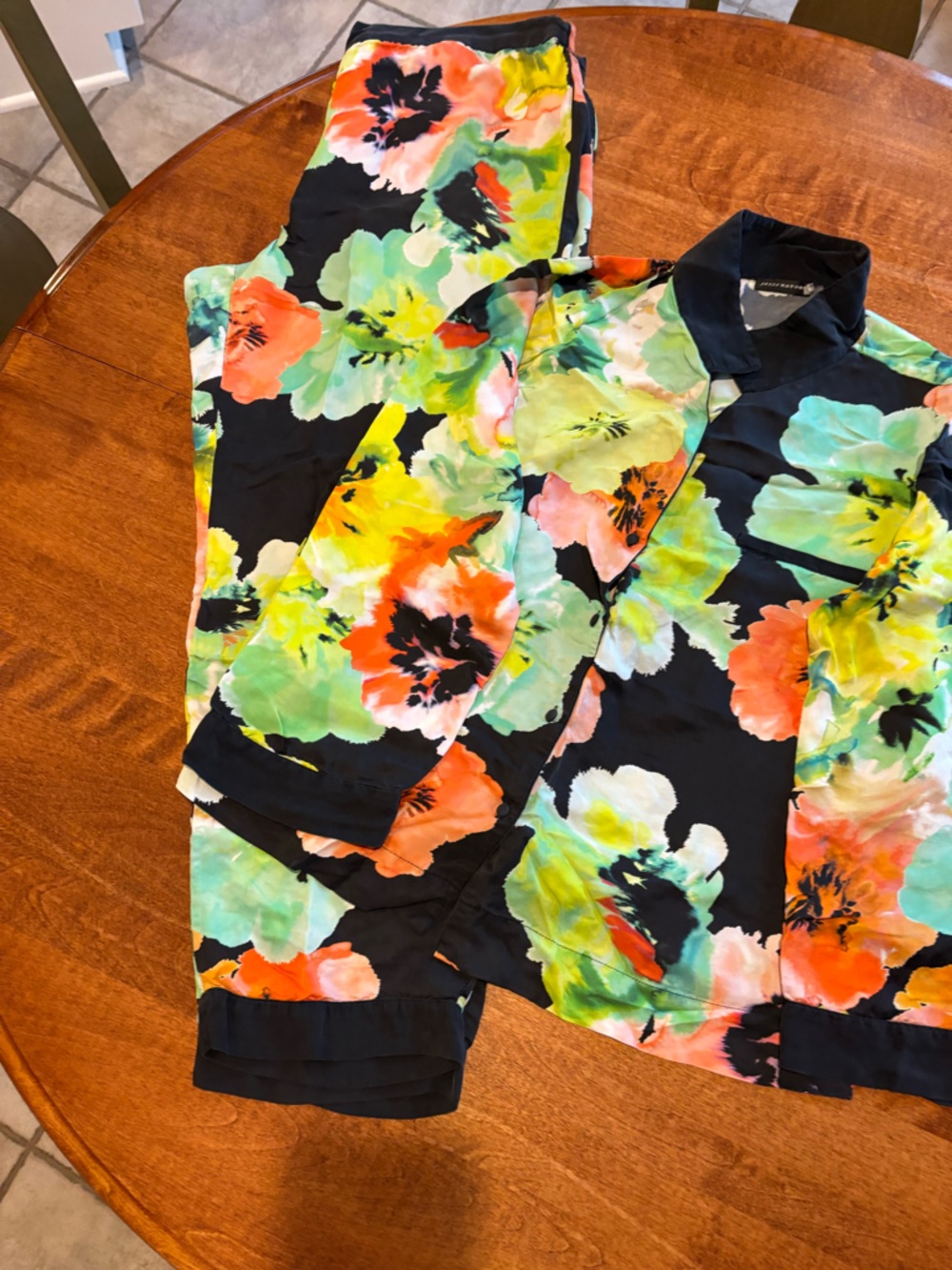 Floral Print Button-Up Blouse — Black with Bright Multicolor Flowers by Natori - Picture 3 of 4